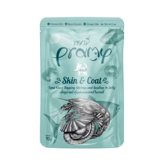 Pramy Wet Food Skin & Coat Tuna topping Shrimp and Scallop in Jelly 70g