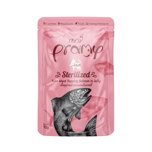 Pramy Sterilized Wet Food For Cats Tuna topping Salmon in Jelly 70g