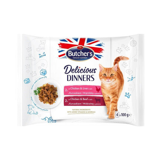 Butchers Delicious Dinners Wet Food For Cats chicken and liver with chicken and beef in Jelly 400g