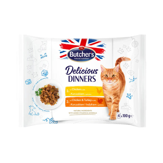 Butchers Delicious Dinners Wet Food For Cats chicken with chicken and Turkey in Jelly 400g