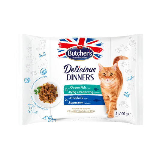 Butchers Delicious Dinners Wet Food For Cats Ocean Fish and Haddock in Jelly 400g