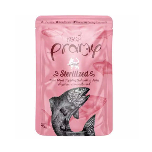 Pramy Sterilized Wet Food For Cats Tuna topping Salmon in Jelly 70g