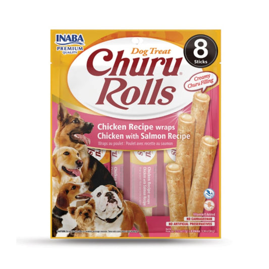 Inaba Churro Dog Treats Chicken & Salmon Recipe Wraps 8 x 12 g