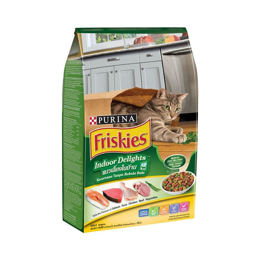 Purina Friskies Indoor dry cat food with assorted meat and vegetable flavors