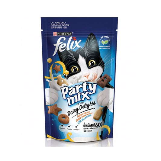 Purina Felix Party Mix Treats for Cats, Milk and Cheddar Cheese, Low Lactose, 60 g